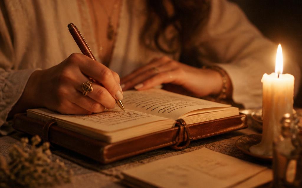 Hands writing in a leather-bound journal by candlelight