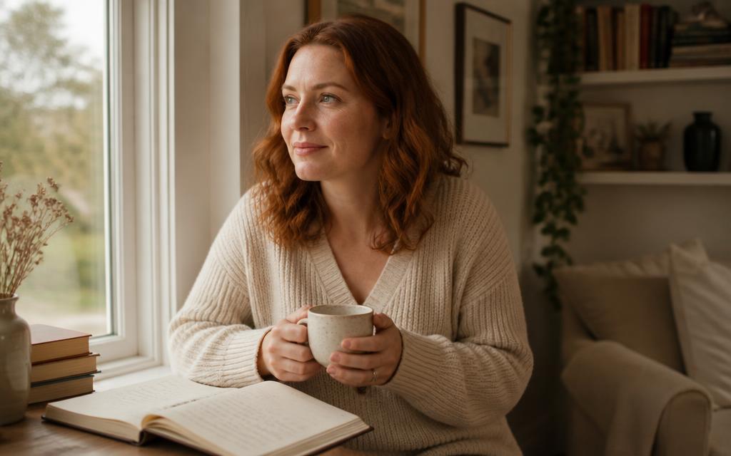 Maren sitting by a bright window with coffee and an open notebook