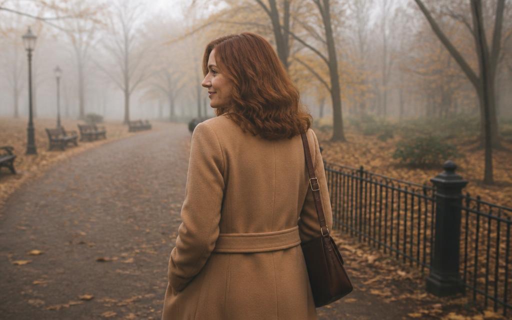 Maren walking a misty tree-lined park path in a camel coat
